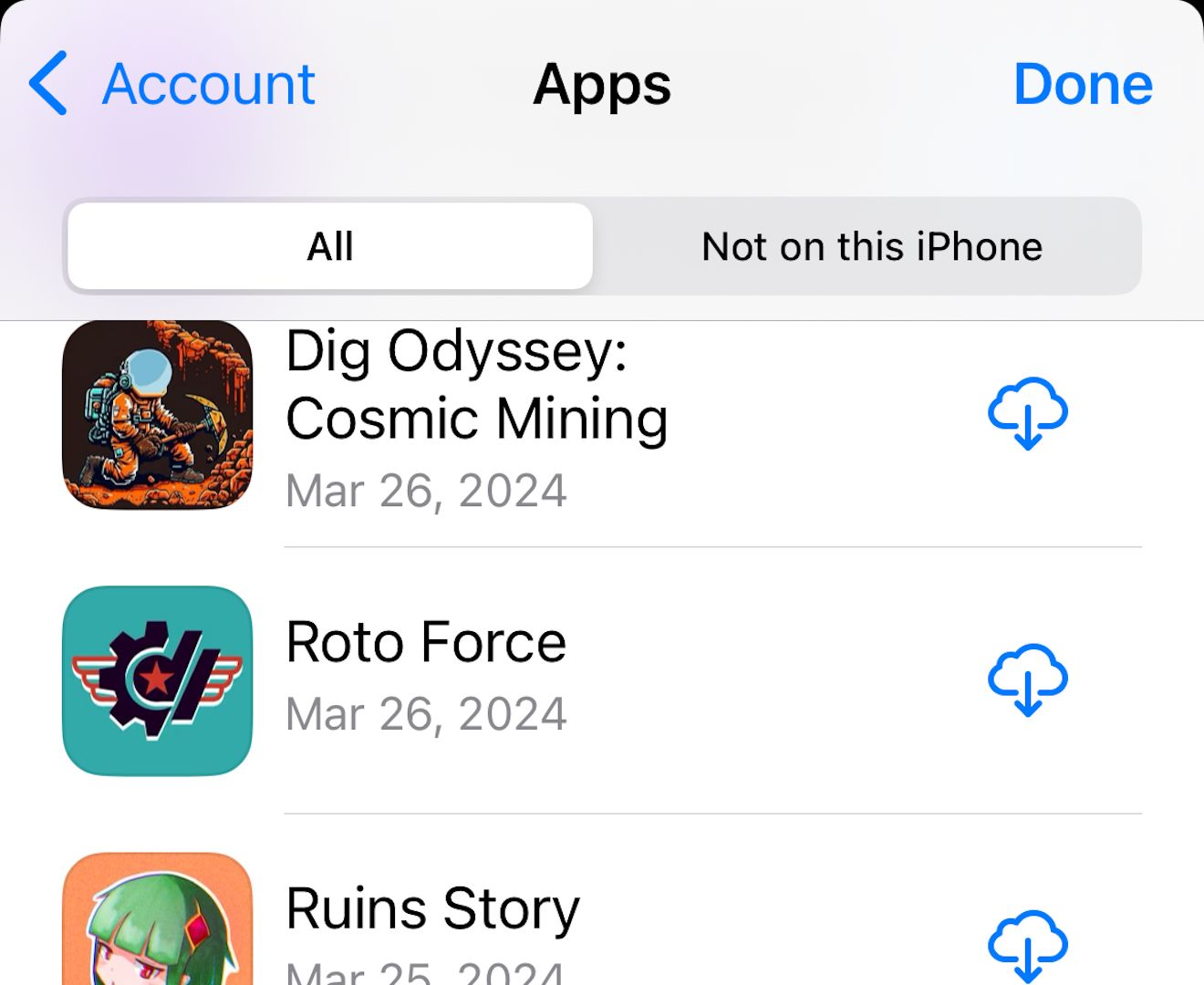Просмотр списка приложений аккаунта в App Store.