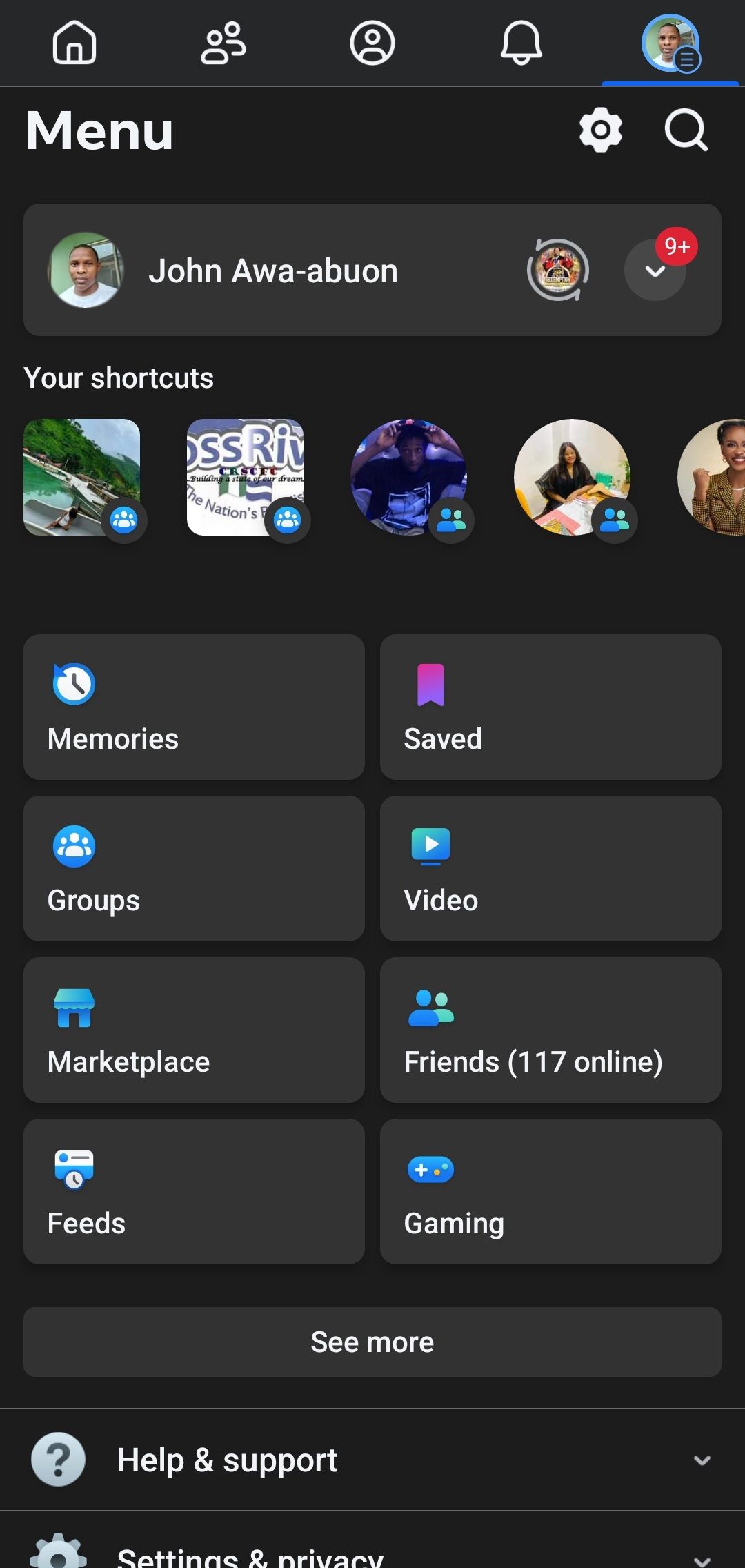 меню профиля Facebook на мобильном