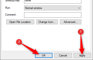 Подтверждение Apply/OK для сохранения свойств ярлыка