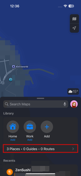 Нажатие меню в разделе Библиотека в Apple Maps.