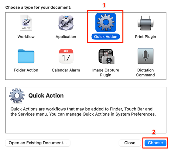 Выбор типа документа Quick Action в Automator