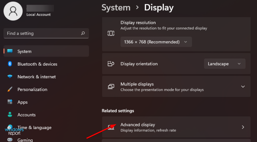 Кнопка Advanced display в настройках Windows