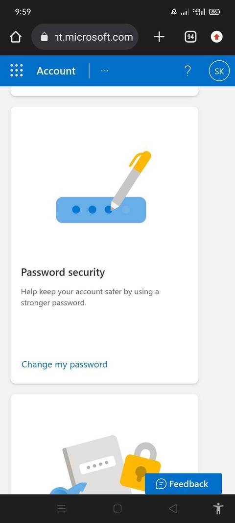 Настройки для смены пароля на сайте Microsoft на смартфоне