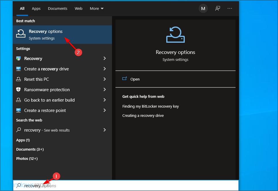 Параметры восстановления Windows — поиск recovery