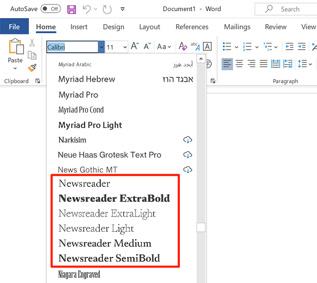 Выберите Google Font в меню шрифтов Word