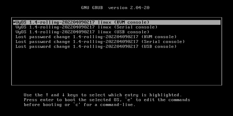 Экран GRUB после установки vyOS