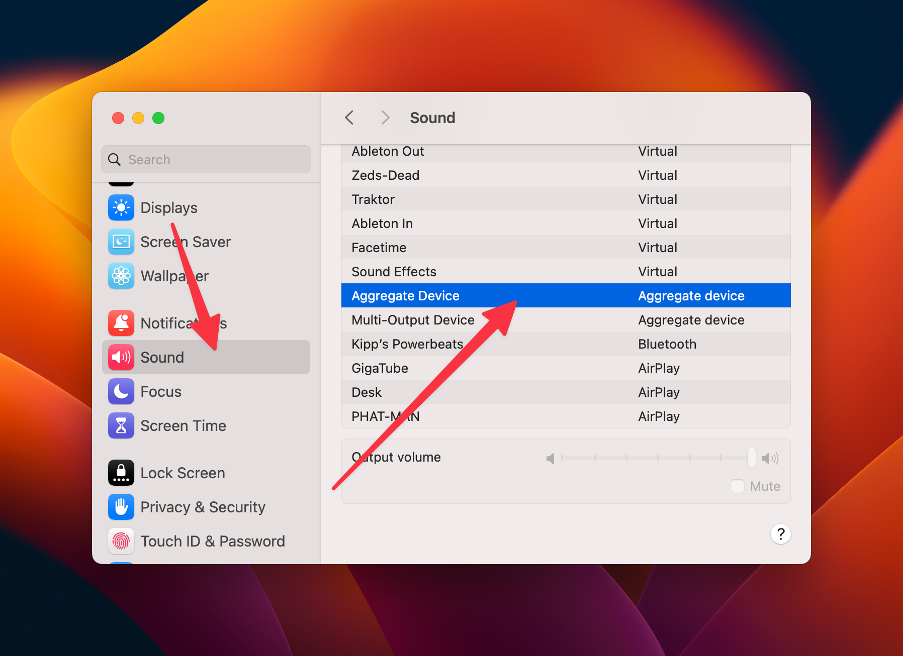 Выберите созданное агрегатное устройство как выходной звук macOS.