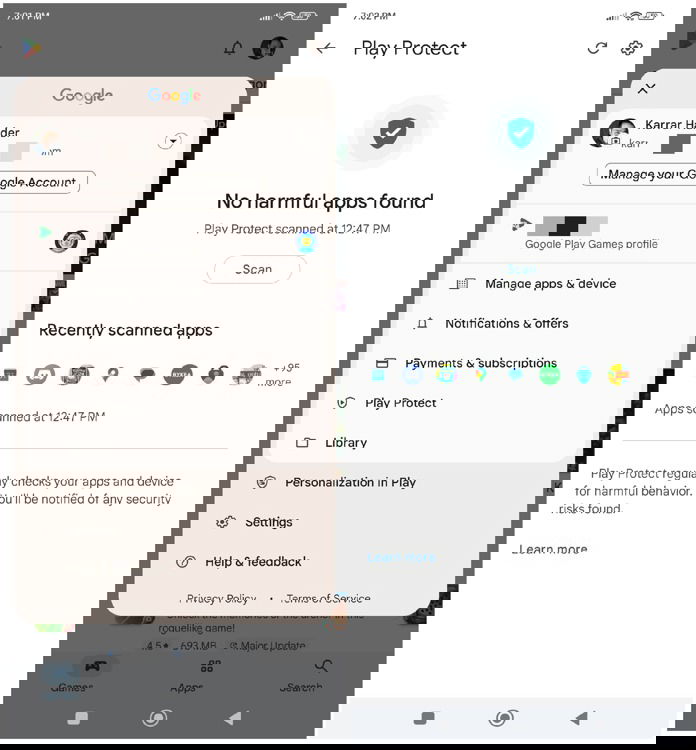 Страница сканирования Google Play Protect