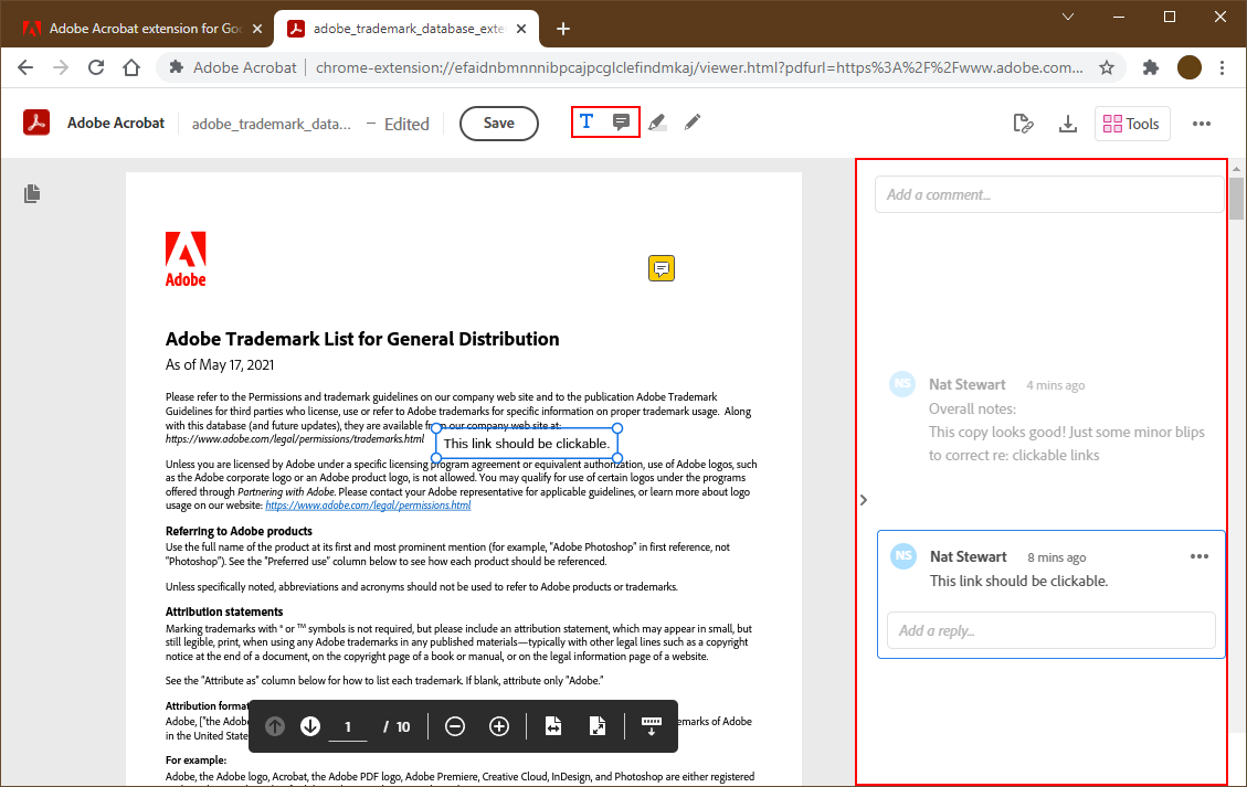 Текстовые и стикер-комментарии в расширении Adobe Acrobat для Chrome