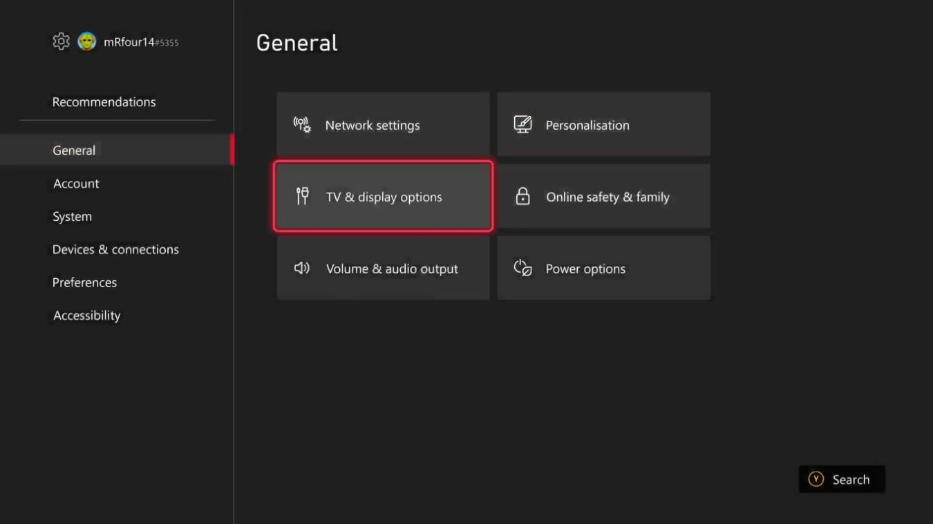 Скриншот Общих настроек на Xbox Series X с выделенным Телевизор и параметры дисплея
