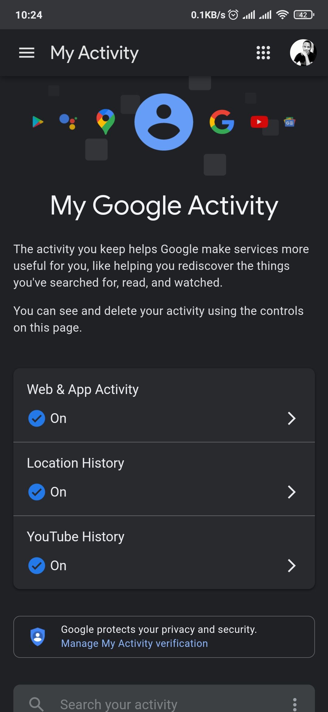 страница подтверждения Google My Activity