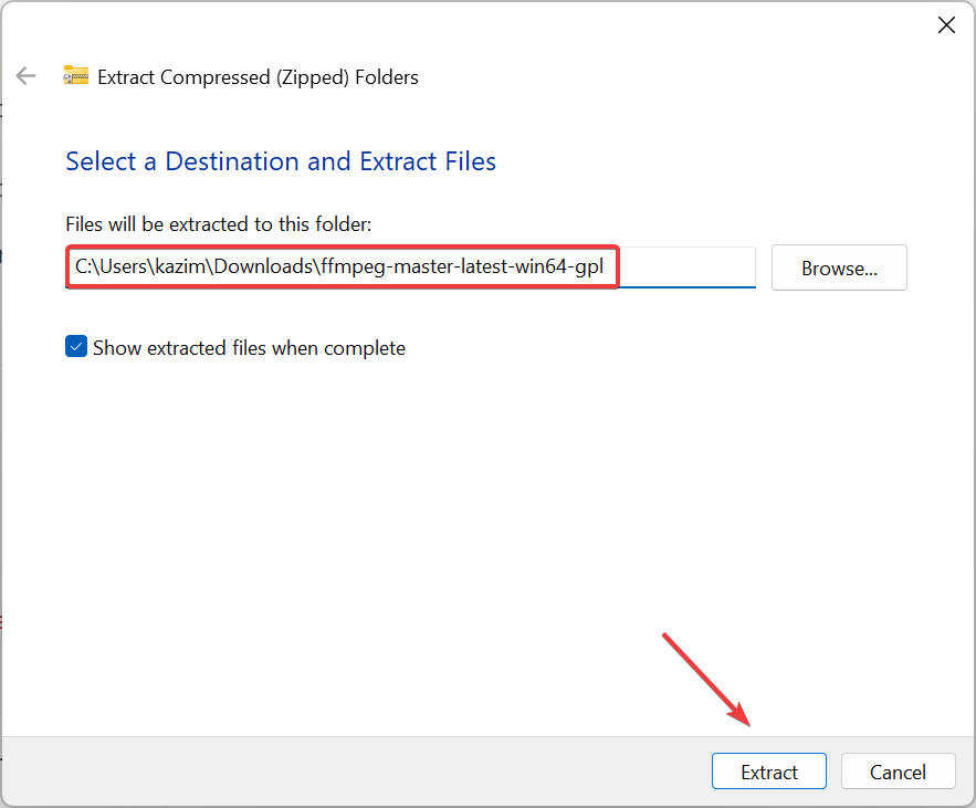 Окно извлечения архива FFMPEG в Проводнике Windows