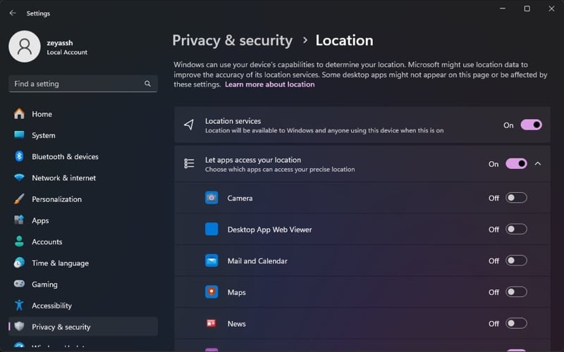 Включение служб местоположения в Windows 11