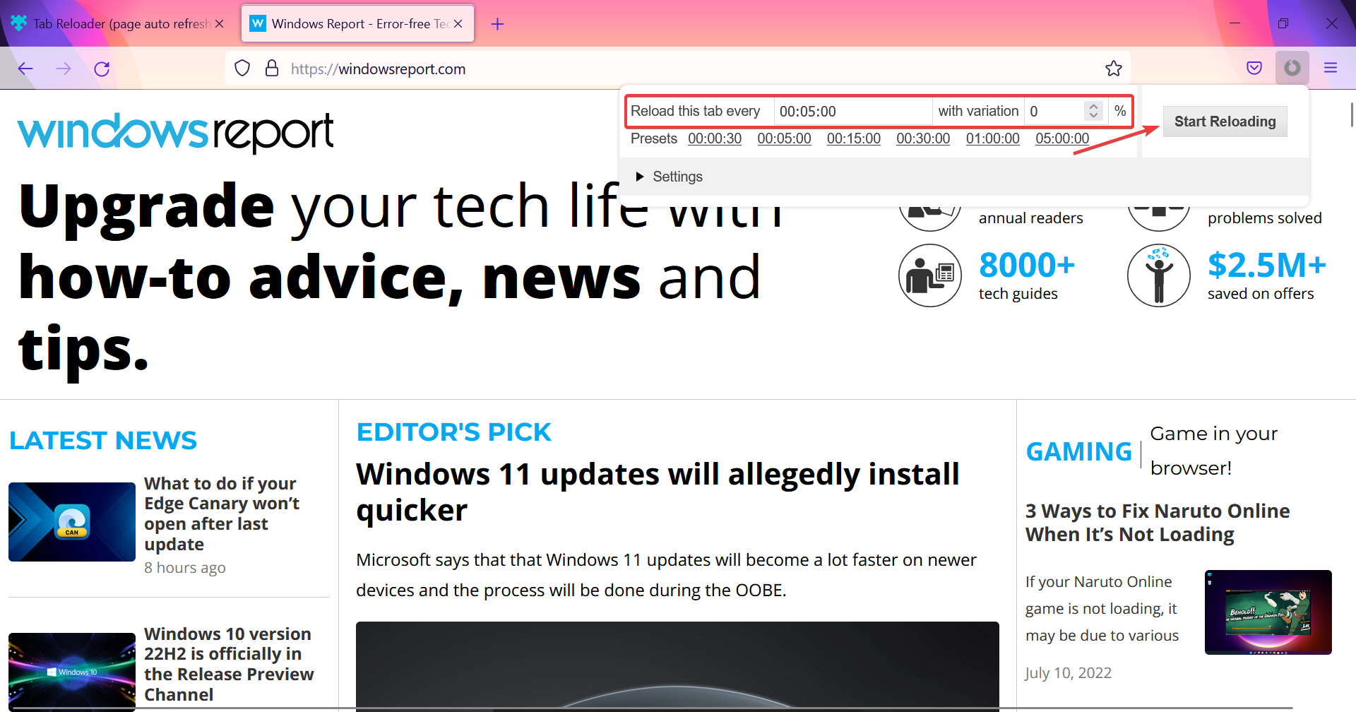 Выбор частоты автообновления и старт в Tab Reloader