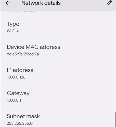 Страница с деталями сети на Android: MAC, IP и прочее.