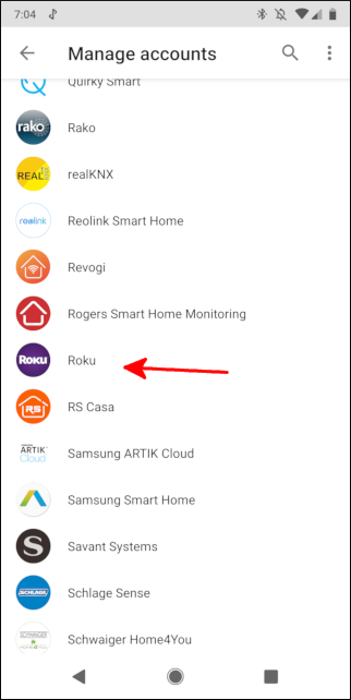 Элемент Roku в списке сервисов Google Home