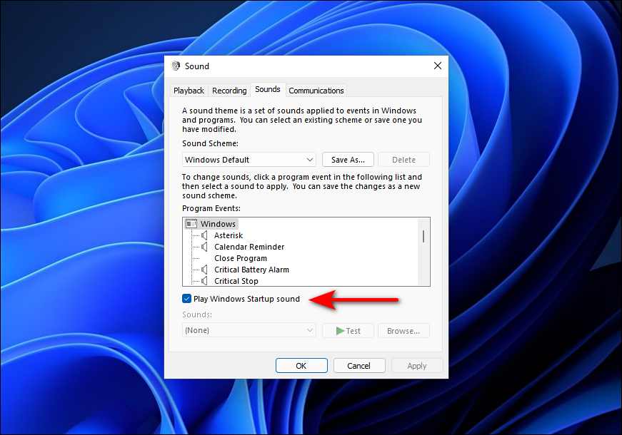 Включение воспроизведения звука запуска Windows