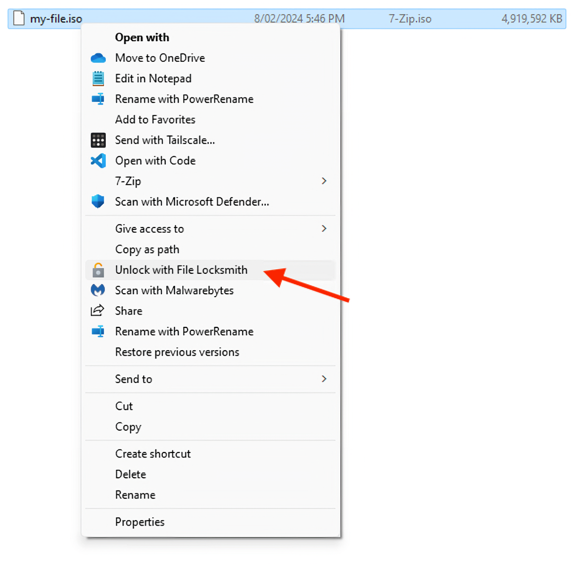 Пункт «Unlock with File Locksmith» в контекстном меню.