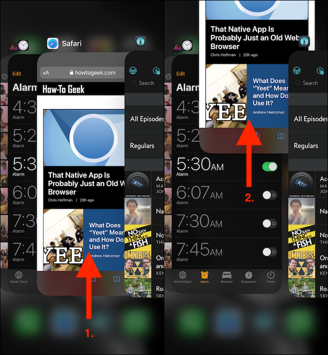 Смахните карточку приложения вверх, чтобы принудительно закрыть его