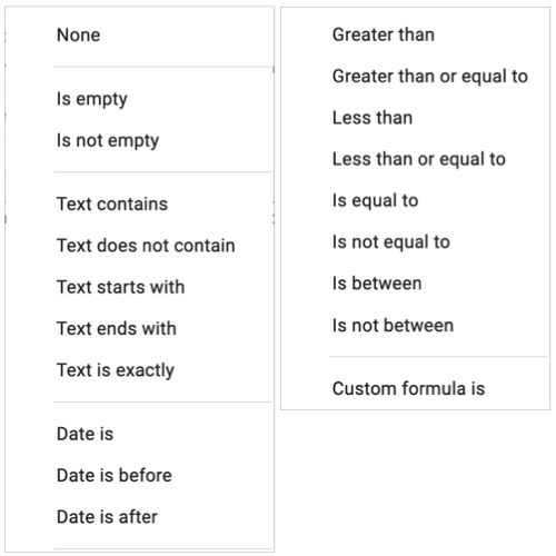 Варианты условий для фильтра