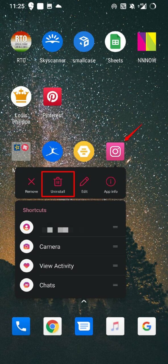 Удалить Instagram на Android
