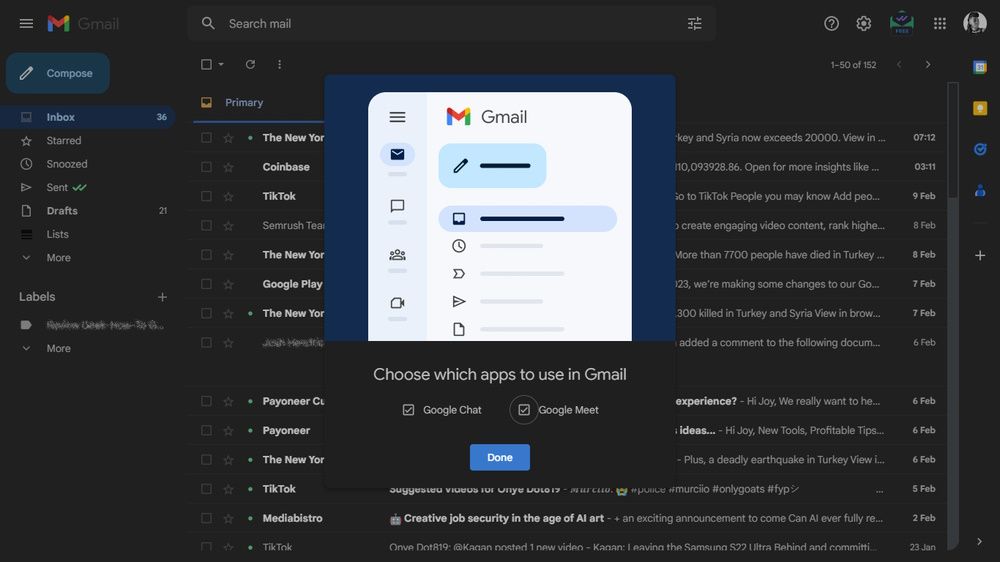 диалог с Chat и Meet в Gmail