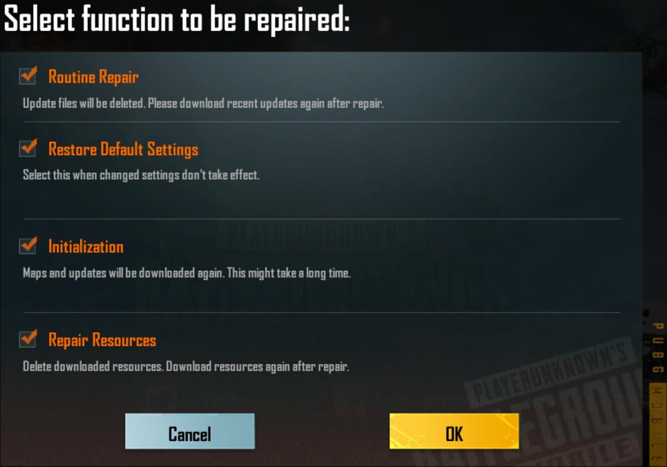 Кнопка восстановления (Repair) в PUBG Mobile