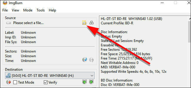 ImgBurn: выбор ISO в поле Source через жёлтую папку