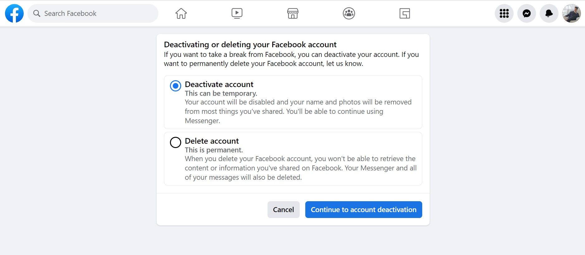 Меню деактивации и удаления аккаунта на рабочем столе