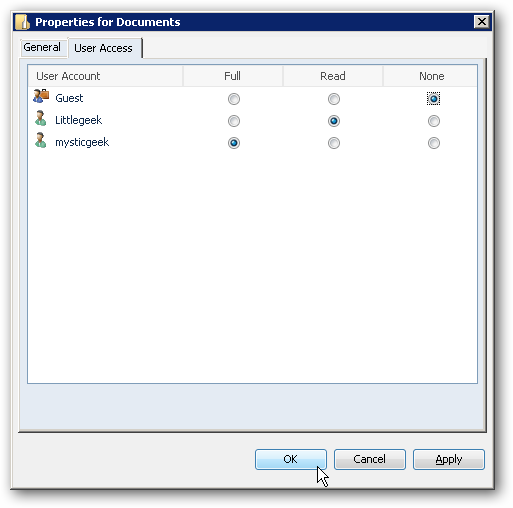 Вкладка прав доступа — назначение прав пользователям