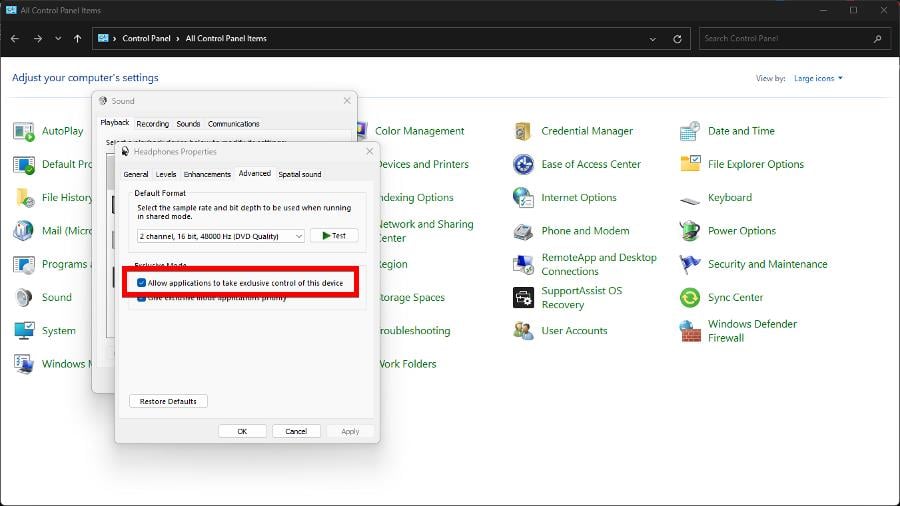 Вкладка Дополнительно в свойствах микрофона — параметры эксклюзивного режима