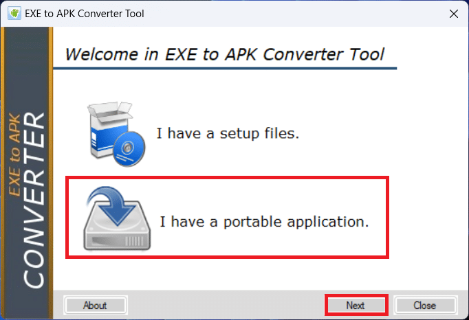 Выбор опции portable application