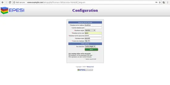 Параметры подключения к базе данных EPESI