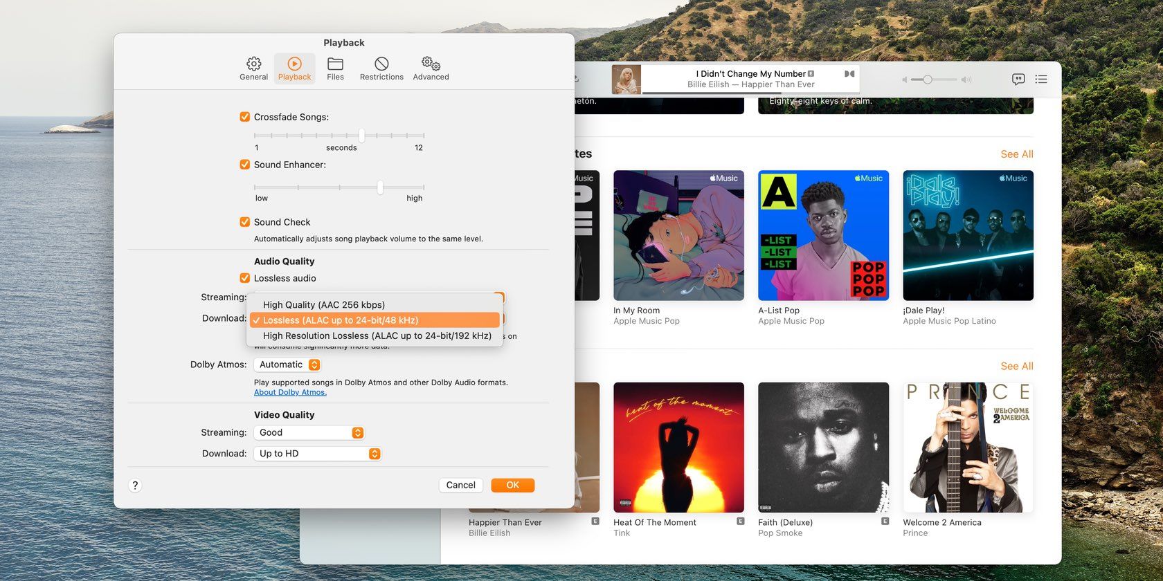 A Mac screenshot of the lossless quality settings in the Apple Music app on macOS Monterey