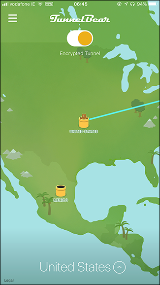 Список серверов TunnelBear на iPhone