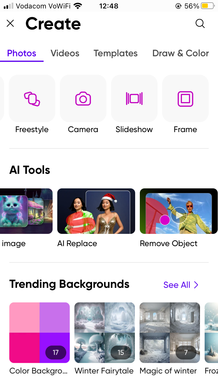 Меню AI-инструментов в приложении Picsart