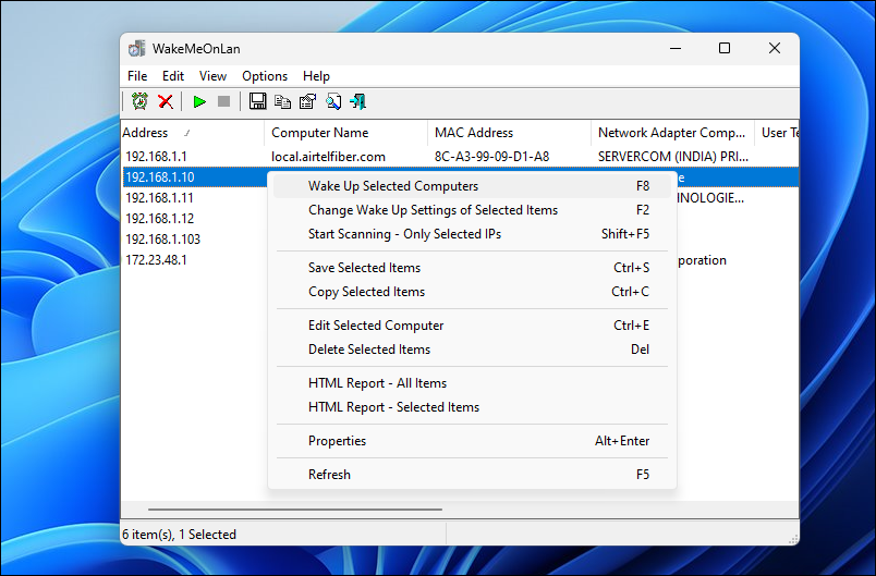 Основной интерфейс WakeMeOnLan, список найденных устройств в сети