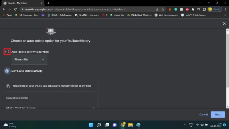 Sélection d'une durée d'auto-suppression pour l'historique YouTube
