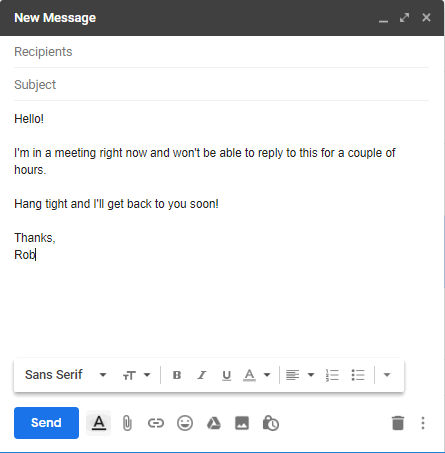 Окно нового письма с примером текста для шаблона