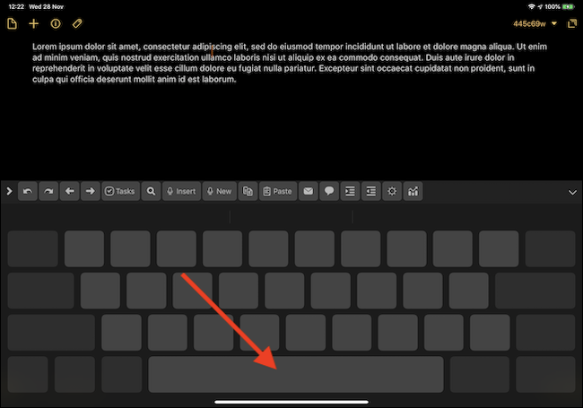 Виртуальная клавиатура iOS с зажатой пробелом для режима трекпада
