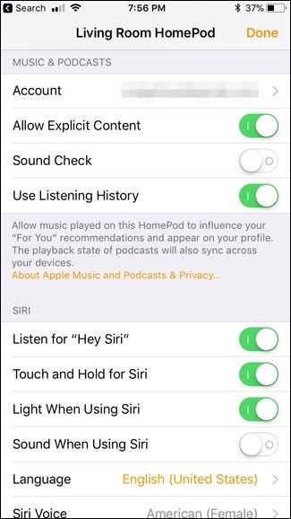 Раздел «Сведения» с параметрами HomePod