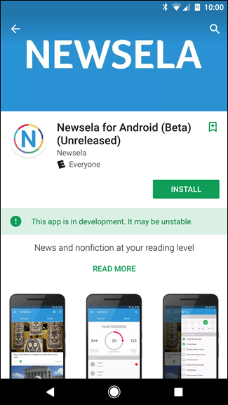 Кнопка «Установить» и предупреждение о нестабильности приложения