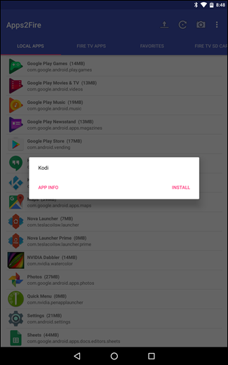 Скриншот процесса установки Kodi через Apps2Fire