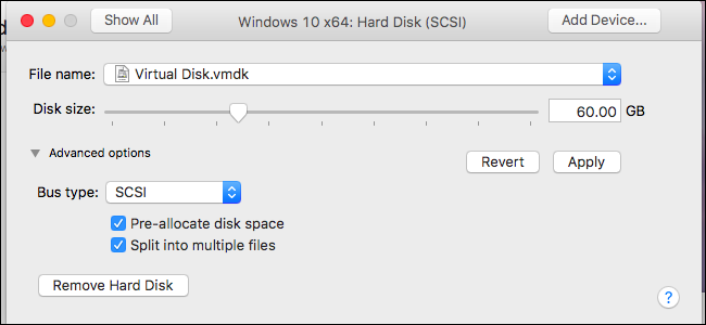 Настройки диска в VMware Fusion с опцией предвыделения пространства