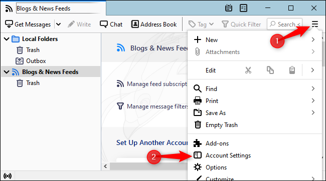Нажмите кнопку меню и выберите «Настройки учётных записей».