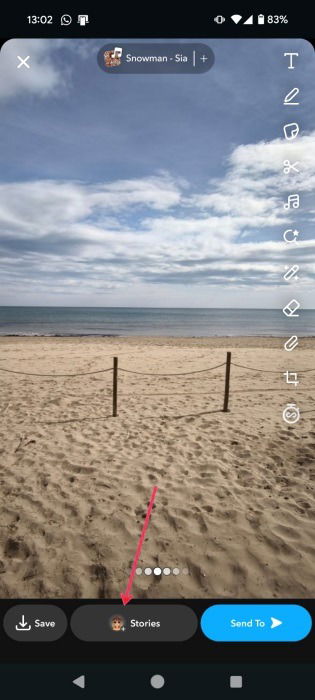 Отправка снапа в истории с применением линзы