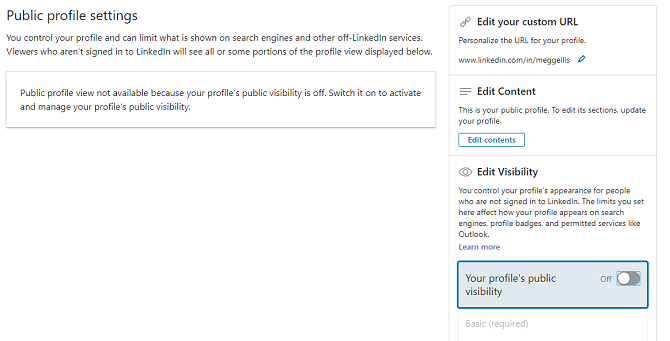 Переключатель видимости публичного профиля LinkedIn