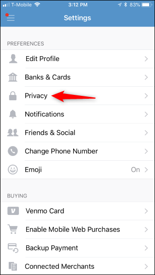 Экран Конфиденциальность в Venmo