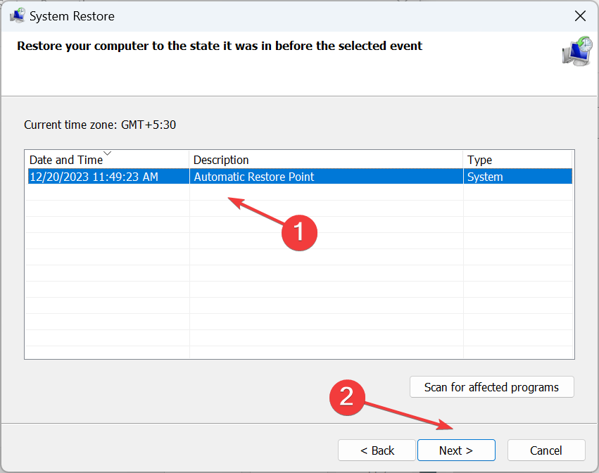Список точек восстановления Windows