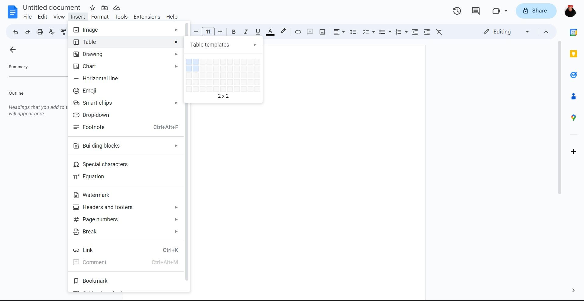 Вставка таблицы в Google Docs